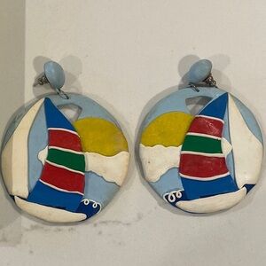 Blue and Red Nautical Earrings with Playful Sailboat Design Vintage